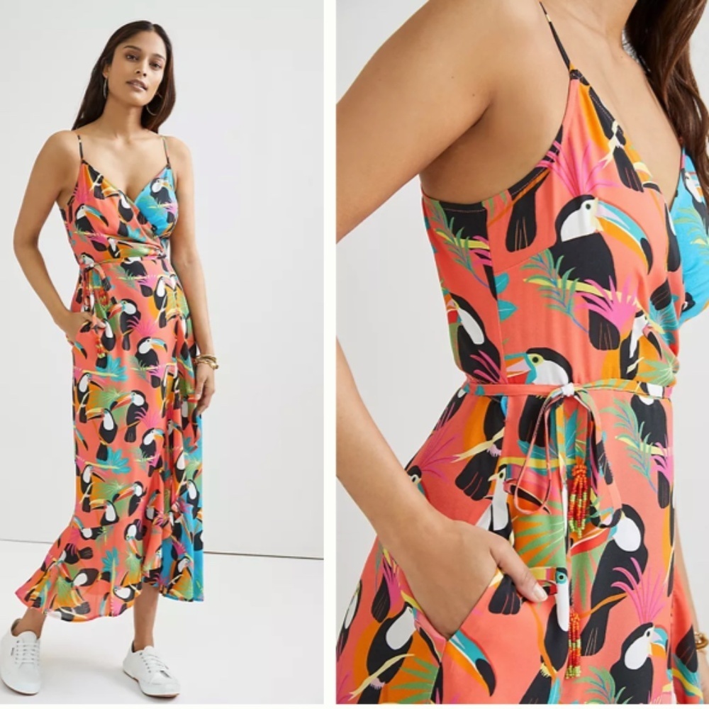 FARM RIO Sexy Romantic Elegant Flowy Vacation Resort Tropical Toucan Wrap Maxi - Picture 4 of 7